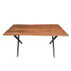 Byron 63 Inch Handcrafted Live Edge Acacia Wood Dining Table, X Shaped Metal Legs, Brown and Black