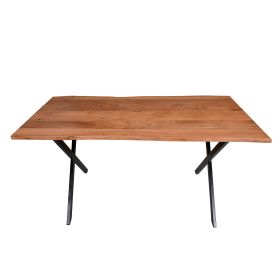 Byron 63 Inch Handcrafted Live Edge Acacia Wood Dining Table, X Shaped Metal Legs, Brown and Black