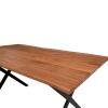 Byron 63 Inch Handcrafted Live Edge Acacia Wood Dining Table, X Shaped Metal Legs, Brown and Black