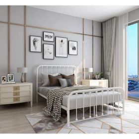 Full size Classic White Metal Bed Frame with Slatted Headboard and Footboard