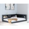 Full size Blue Wooden Corner Storage Bed with Bookcase Headboard and USB Ports
