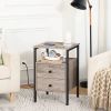 Modern Black Metal Nightstand with Grey Wood Finish Drawers and Shelf