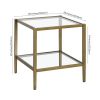 Square Side Table Gold Antique Brass Metal Glass Top Bottom Shelf Sofa Table