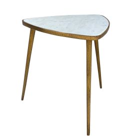 21 Inch Modern Side Accent Table, Rounded Triangle Pick Marble Top, Hammered Design, Brass, White