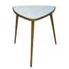 21 Inch Modern Side Accent Table, Rounded Triangle Pick Marble Top, Hammered Design, Brass, White