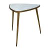 21 Inch Modern Side Accent Table, Rounded Triangle Pick Marble Top, Hammered Design, Brass, White