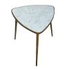 21 Inch Modern Side Accent Table, Rounded Triangle Pick Marble Top, Hammered Design, Brass, White