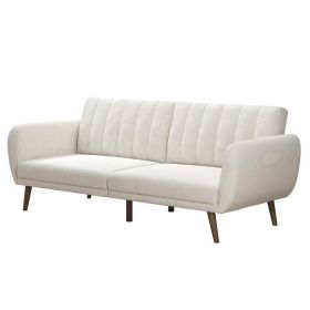 Ivory Corduroy Futon Sofa Bed with Modern Mid-Century Style Wooden Legs