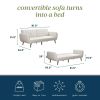 Ivory Corduroy Futon Sofa Bed with Modern Mid-Century Style Wooden Legs