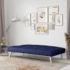Modern Futon Sofa Bed in Navy Blue Fabric with Chrome Metal Legs