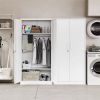 White Metal Locking Wardrobe Armoire Cabinet with Clothing Hanging Rod