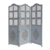 Three Panel Wooden Room Divider with Traditional Carvings and Cutouts, Blue