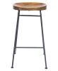 28 Inch Bar Stool with Mango Wood Saddle Seat, Iron Rod Legs, Brown and Black