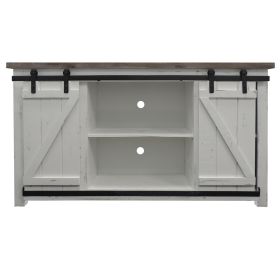 69 Inch Wooden Media Console with Barn Style Sliding Door, Brown and White