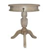 21 Inch Handcrafted Mango Wood Side Table with Drawer, Classic Pedestal Base and Round Top, Rustic Gray