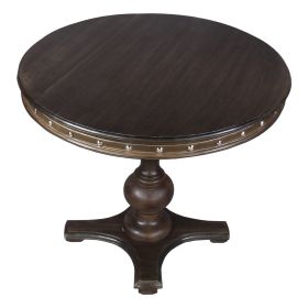42 Inch Handcrafted Round Mango Wood Dining Table, Subtle Rivet Accents, Turned Pedestal Base, Dark Brown
