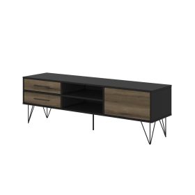 60 Inch Wood and Metal 1 Door TV Entertainment Stand with 2 Drawers, Brown and Black
