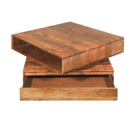 32 Inch Handcrafted Square Acacia Wood Coffee Table, Staggered Block Design, Swivel Cubby and Drawer, Brown