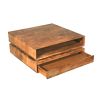 32 Inch Handcrafted Square Acacia Wood Coffee Table, Staggered Block Design, Swivel Cubby and Drawer, Brown