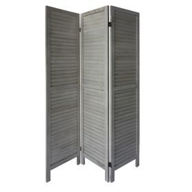 67 Inch Paulownia Wood Panel Divider Screen, Shutter Design, 3 Panels, Distressed Gray