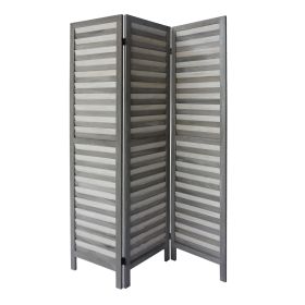 67 Inch Paulownia Wood Panel Divider Screen, Shutter Design, 3 Panels, Gray Stripes