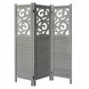 67 Inch Paulownia Wood Panel Divider Screen, Ornate Scrolled Shutter Design, 3 Panels, Washed White