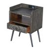 Shon 25 Inch Raised Top Wood End Side Table Nightstand with USB, Power Outlet, Distressed Gray