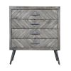 Shon 33 Inch Chevron Pattern Wood 4 Drawer Accent Dresser Chest with Angled Metal Legs, Distressed Gray