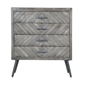 Shon 33 Inch Chevron Pattern Wood 4 Drawer Accent Dresser Chest with Angled Metal Legs, Distressed Gray