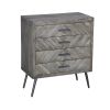 Shon 33 Inch Chevron Pattern Wood 4 Drawer Accent Dresser Chest with Angled Metal Legs, Distressed Gray