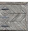 Shon 33 Inch Chevron Pattern Wood 4 Drawer Accent Dresser Chest with Angled Metal Legs, Distressed Gray