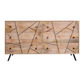 Jae 58 Inch Modern Industrial Mango Wood Dresser, 6 Drawers, Metal Frame, Brown and Black