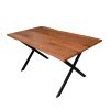 Byron 63 Inch Handcrafted Live Edge Acacia Wood Dining Table, X Shaped Metal Legs, Brown and Black