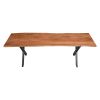 Byron 55 Inch Handcrafted Live Edge Acacia Wood Dining Bench, X Shaped Metal Legs, Brown and Black