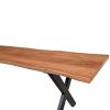 Byron 55 Inch Handcrafted Live Edge Acacia Wood Dining Bench, X Shaped Metal Legs, Brown and Black