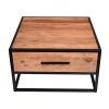 26 Inch Handcrafted Acacia Wood Accent Side End Table, Metal Frame, 1 Drawer, Black and Brown