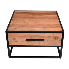26 Inch Handcrafted Acacia Wood Accent Side End Table, Metal Frame, 1 Drawer, Black and Brown