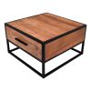 26 Inch Handcrafted Acacia Wood Accent Side End Table, Metal Frame, 1 Drawer, Black and Brown