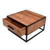 26 Inch Handcrafted Acacia Wood Accent Side End Table, Metal Frame, 1 Drawer, Black and Brown