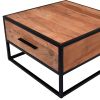 26 Inch Handcrafted Acacia Wood Accent Side End Table, Metal Frame, 1 Drawer, Black and Brown