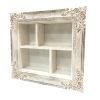 28 Inch Rectangular Wall Mount Mango Wood Shelf, 4 Compartments, Floral Carving, Distressed White