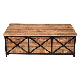 Daz 54 Inch Rectangular Mango Wood Coffee Table with Built In Storage Trunk, Metal, Rivet Accents, Brown, Black