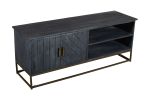 Roy 53 Inch Plank Design 2 Door Mango Wood TV Media Entertainment Cabinet Console, Metal Base, Gray