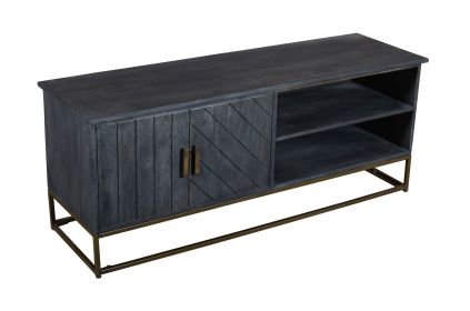 Roy 53 Inch Plank Design 2 Door Mango Wood TV Media Entertainment Cabinet Console, Metal Base, Gray