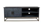 Roy 53 Inch Plank Design 2 Door Mango Wood TV Media Entertainment Cabinet Console, Metal Base, Gray
