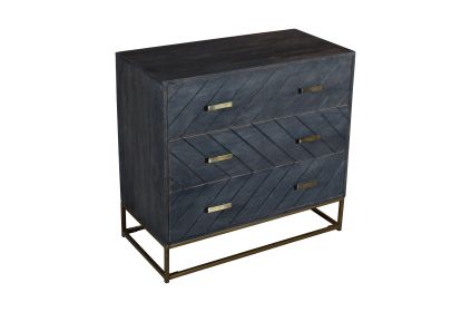 Roy 32 Inch 3 Drawer Mango Wood Dresser Chest, Bronze Metal Frame, Gray