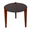 24 Inch Artisanal Round End Side Table, Aluminum Top, Tapered Acacia Wood Legs, Black, Warm Brown