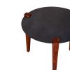 24 Inch Artisanal Round End Side Table, Aluminum Top, Tapered Acacia Wood Legs, Black, Warm Brown