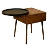 22 Inch Handcrafted 2 Tone Acacia Wood End Side Table, Round Metal Tray Top, 1 Drawer, Brown, Black