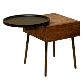 22 Inch Handcrafted 2 Tone Acacia Wood End Side Table, Round Metal Tray Top, 1 Drawer, Brown, Black